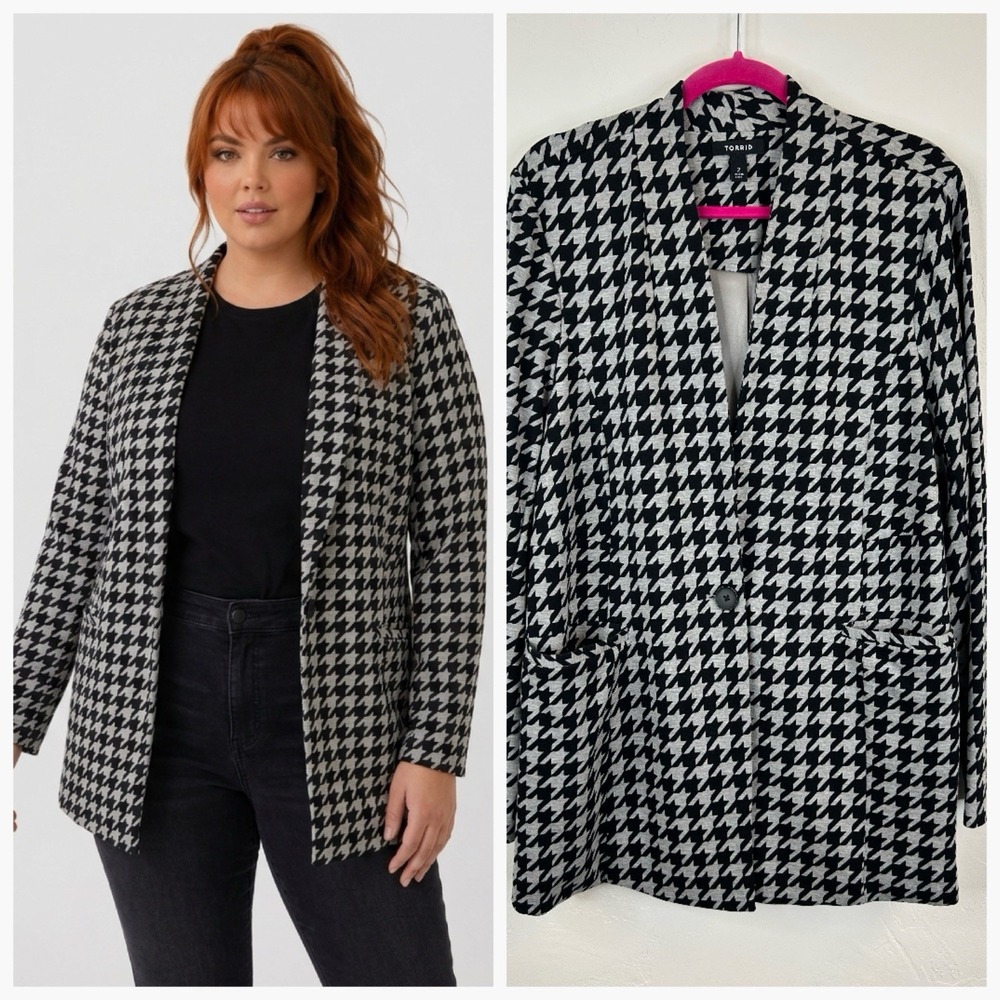 Torrid Houndstooth Long Lightweight Blazer Jacket Size 2X Black Gray Pockets